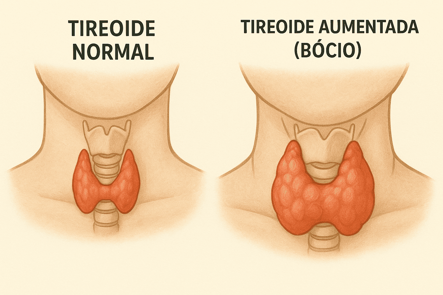 Comparação entre tireoide normal e tireoide aumentada (bócio)